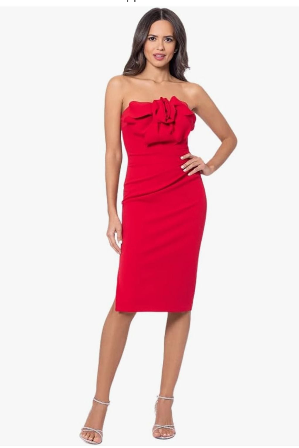 Betsy & Adam Strapless Midi Dress With Front Bow Detail In Red